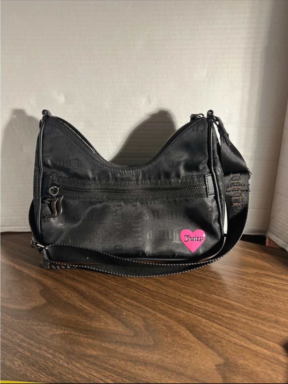 Juicy Couture Black Shoulder Bag with Pink Heart Patch